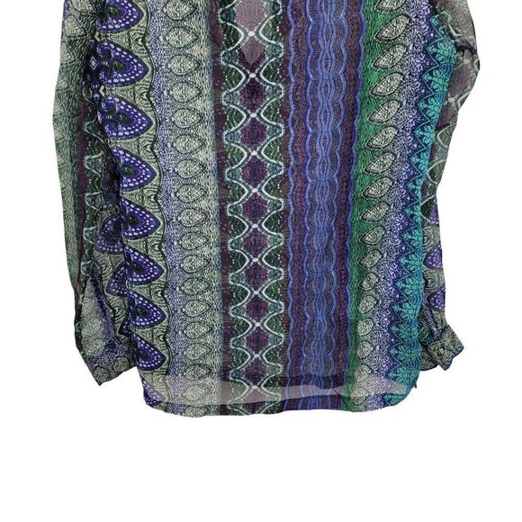 KAS Designs Sheer Long Blouse L Blue Green Medallion Leaf Print Boho Peasant - Picture 10 of 11